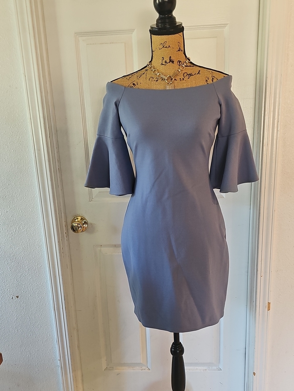 Gianni Bini One-Shoulder Slate Blue Bell Sleeve Sheath Dress